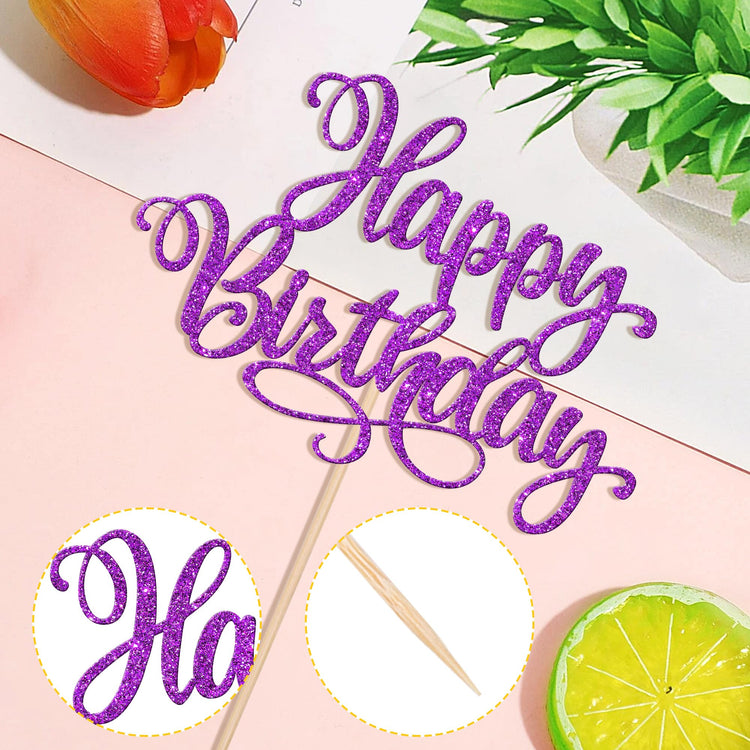 1 PCS Happy Birthday Cake Topper Glitter Happy Birthday Cake Pick for Celebrating Happy Birthday Anniversary Party Cake Decorations Supplies Purple