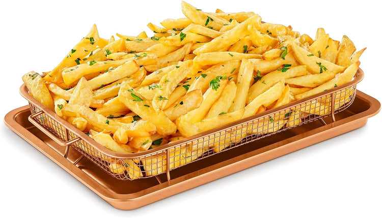Air Fryer Tray Basket w/Elevated Mesh Great For Oven, For Baking & Crispy Foods, Dishwasher Safe,PTFE/PFOA/PFOS FREE Extra-large 9.5/''x13/'',Copper
