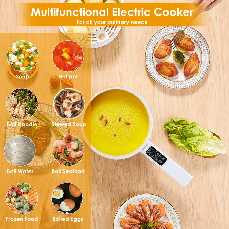 Electric Hot Pot,1.8L Electric Cooker Steamer, Multifunctional Non-stick Pan,Suitable For Ramen, Steak, Egg,Rice, Oatmeal, Soup Smart Button, Gold