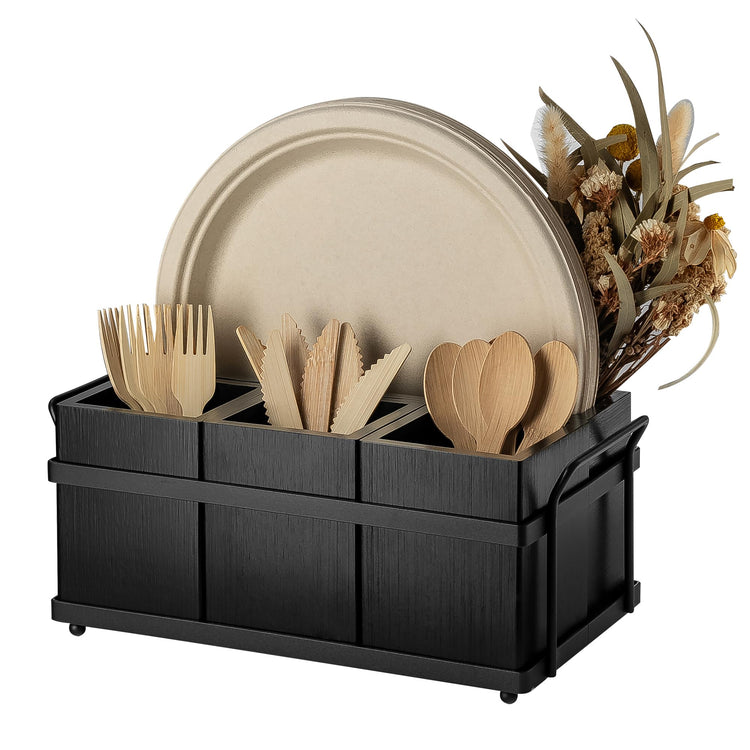 Silverware Caddy Black Wood Utensil Holder Paper Plate Dispenser