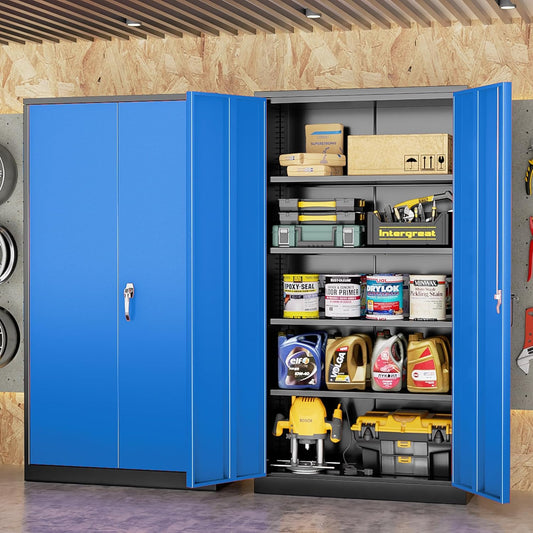INTERGREAT Metal Storage Cabinets 72” Black Blue Garage Steel Storage Cabinet with Doors and Shelves, Steel File Cabinet for Home Office, Basement, Warehouse, Classroom（Anti Tipping）