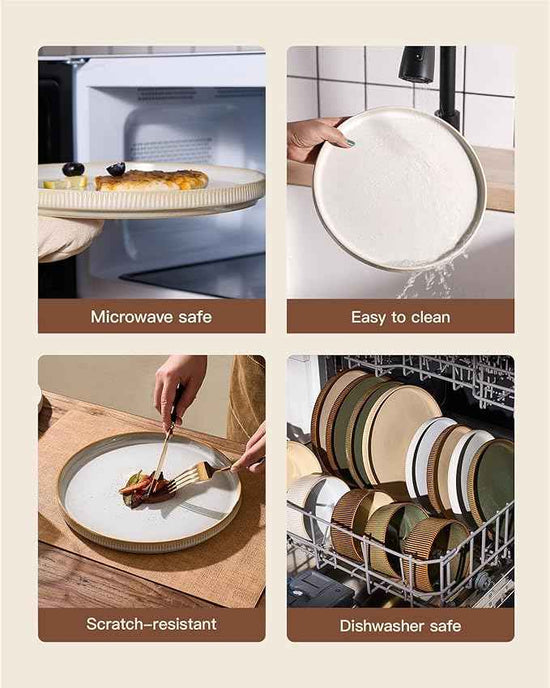 24-Piece Dinnerware Set for 8, Famiware Premium Stoneware Dish Set with Ribbed Plates and Deep Bowls, Double Reactive Glaze, Chip & Scratch Resistant, Microwave & Dishwasher Safe, Cappuccino White