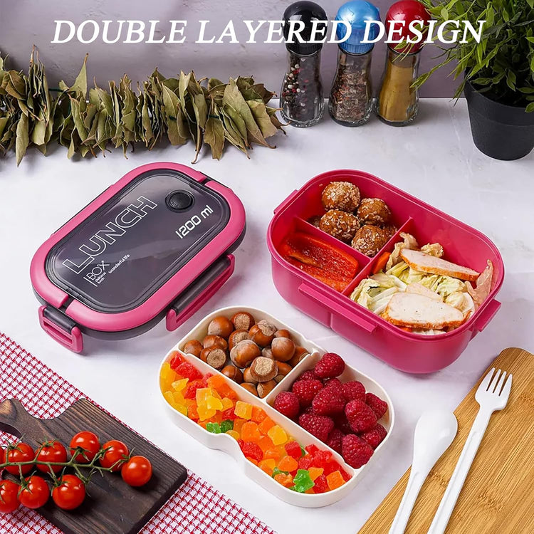 Bento Box Adult, Lunch Box for Men and Women, 1200ML Leak-proof Double-layered with Handle Lunchbox, Reusable BPA-Free Lunch Container, Microwave/Dishwasher Safe, Snack Box with Cutlery Set, Pink