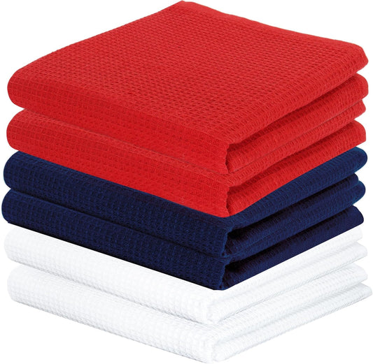 PurpleEssences 4th of July Waffle Weave Kitchen Towel, 100% Cotton - 15 x 25 Inches, with Hanging Loop Ultra Soft Absorbent Quick Drying Dish Cloth, Tea & Hand Towels, 6 Pack Labor Day Red Blue White - Nestoria