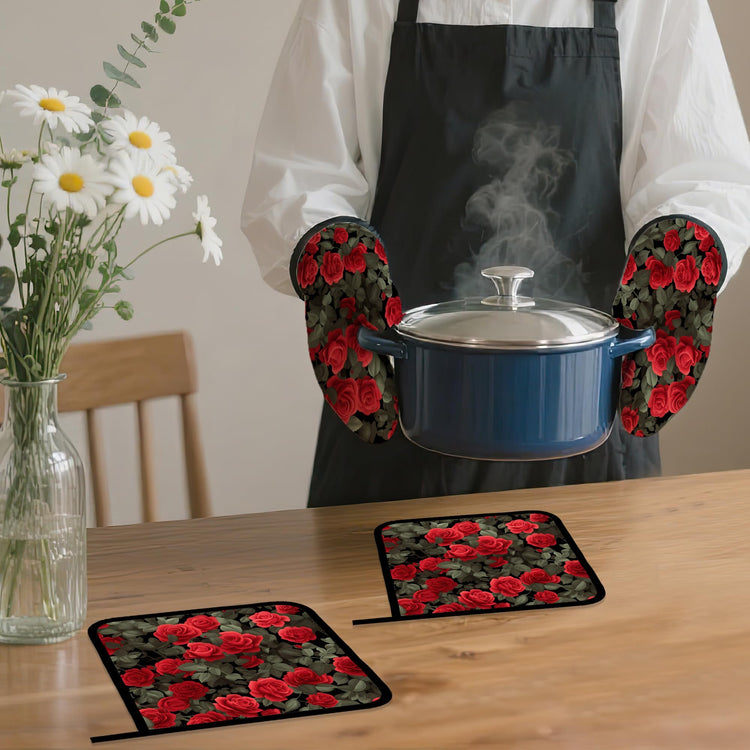 Red Rose Oven Mitts and Pot Holders Set (4 Count)