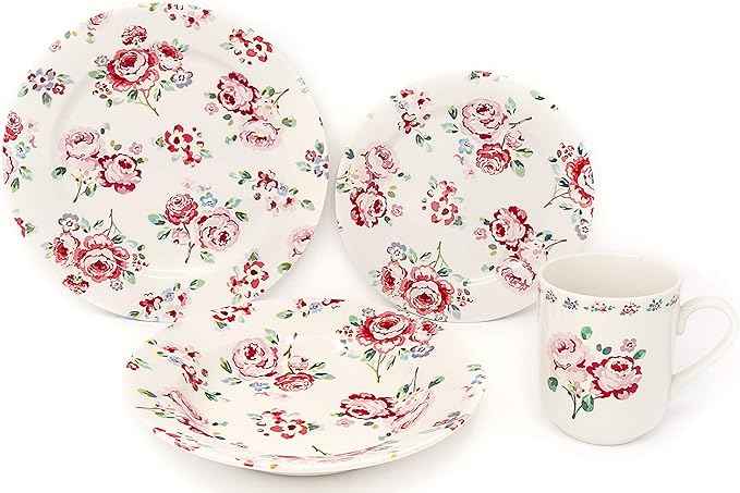 Tudor 16-Piece Premium Quality Round Porcelain Dinnerware Set, Service for 4 - FRAGRANCE ROSE, See 10 Designs INSIDE!