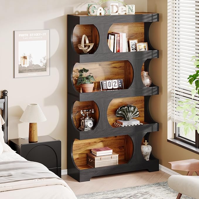 Tribesigns 71" Tall Bookcase, 4-Tier S-Shaped Bookshelf, Wood Decorative Storage Shelving, Modern Freestanding Display Shelves, Large Library Book Shelf Unit for Home Office Living Room, Black & Brown