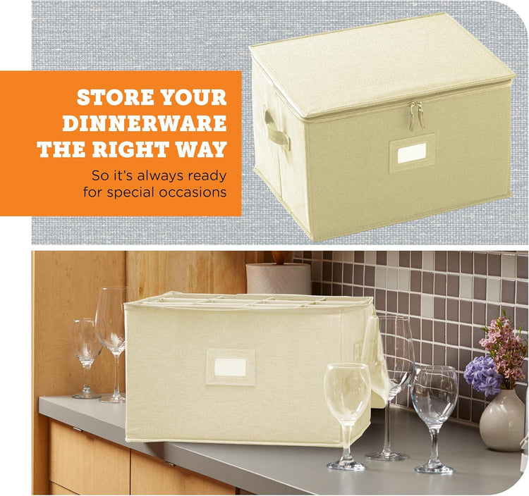 storageLAB Wine Glass Storage Containers, Hard Shell Organizer for Stemware and Glassware Sets, Stackable Wine Glass Storage Box with Dividers for Kitchen and Moving Supplies - 1 Pack, Cream
