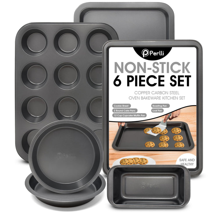 Non-Stick 6-Piece Bakeware Set – Carbon Steel with Even Heat Distribution, Oven Safe to 446°F, BPA-Free, Dishwasher Safe, Stackable Baking Tools for Easy Storage and Everyday Cooking - Gray