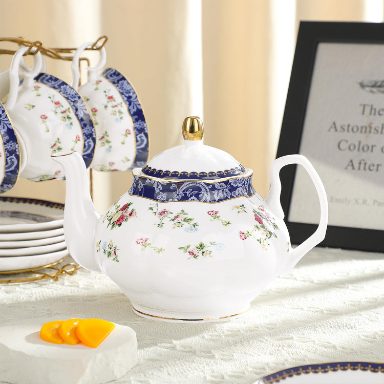 21 Piece Blue Lace and Roses Bone China Tea Sets for Adults (21 Count)