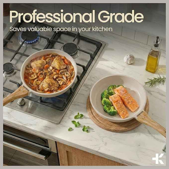 Bakken Master 20 Piece Cookware Set - Pots and Pans with Handle Grips and Tempered Glass Lids, With 6-piece Bakeware Set, Nonstick Granite Coating, Ceramic Max Temperature (Up To 500° F), Cream