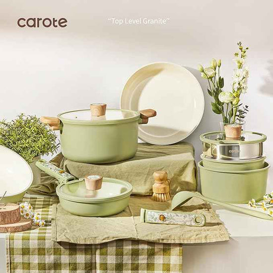 CAROTE 25-Piece Ceramic Cookware Set, Nonstick Pots and Pans Set with Detachable Handle, Non-Toxic Kitchen Cooking Set, Dishwasher & Oven Safe, Induction Compatible, PFAS Free, Green