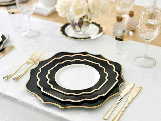 " OCCASIONS " 960 Piece set (120 Guests)-Heavyweight Wedding Party Disposable Plastic Plate Set - 120 x 10.5'' + 120 x 8'' + Silverware + Cups + Napkins (Imperial in White & Black & Gold)
