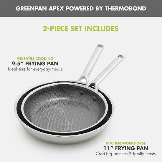 GreenPan Hybrid 9.5” & 11” Nonstick Stainless Steel Frying Pan Set, APEX Tri-Ply Thermobond PFAS-Free Ceramic Skillets, Induction & All Cooktop Compatible, Oven Temp to 850°F, Dishwasher Safe, Silver