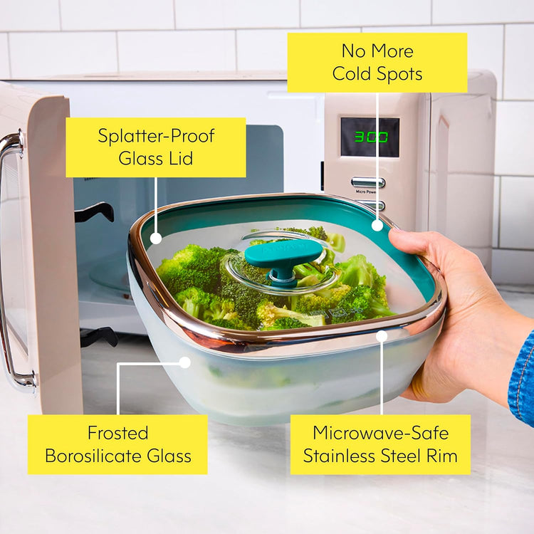 Anyday 10-Cup Square Glass Food Storage with Glass Lid | Plastic-Free Meal Prep & Microwave Cookware | Stackable Airtight Storage Container with Vented Lid for Microwave-Safe Reheating