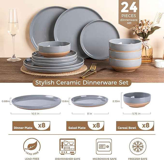 AmorArc Ceramic Dinnerware Sets for 8, 24 Pieces Handpainted Plates and Bowls Set with Rustic Terracotta Underside, Scratch Resistant Stoneware Dishes Set, Dishwasher & Microwave Safe