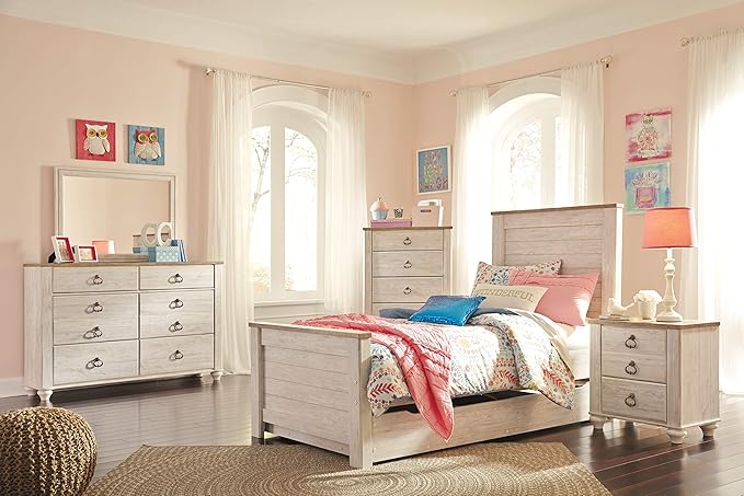 Signature Design by Ashley Willowton Farmhouse 2 Drawer Nightstand with USB Charging Ports, 25.67" Tall, Whitewash