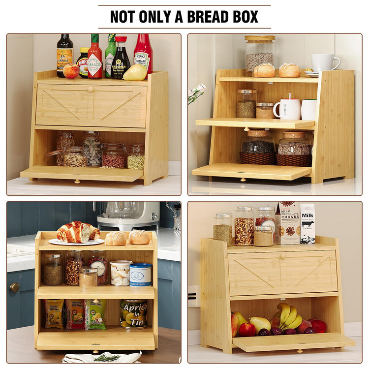 Vintage Double Layer Bread Box for Kitchen Counter Bamboo Bread Storage Container Large Capacity Bread Storage Bin