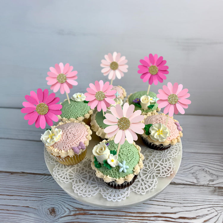 24Pcs Daisy Cupcake Toppers Flower Cake Topper Decorations Daisy Cake Decorations Chrysanthemum Cupcake Toppers Spring Daisy Flower Cake Picks for Birthday Wedding Supplies Rose Red Pink (24 Count)