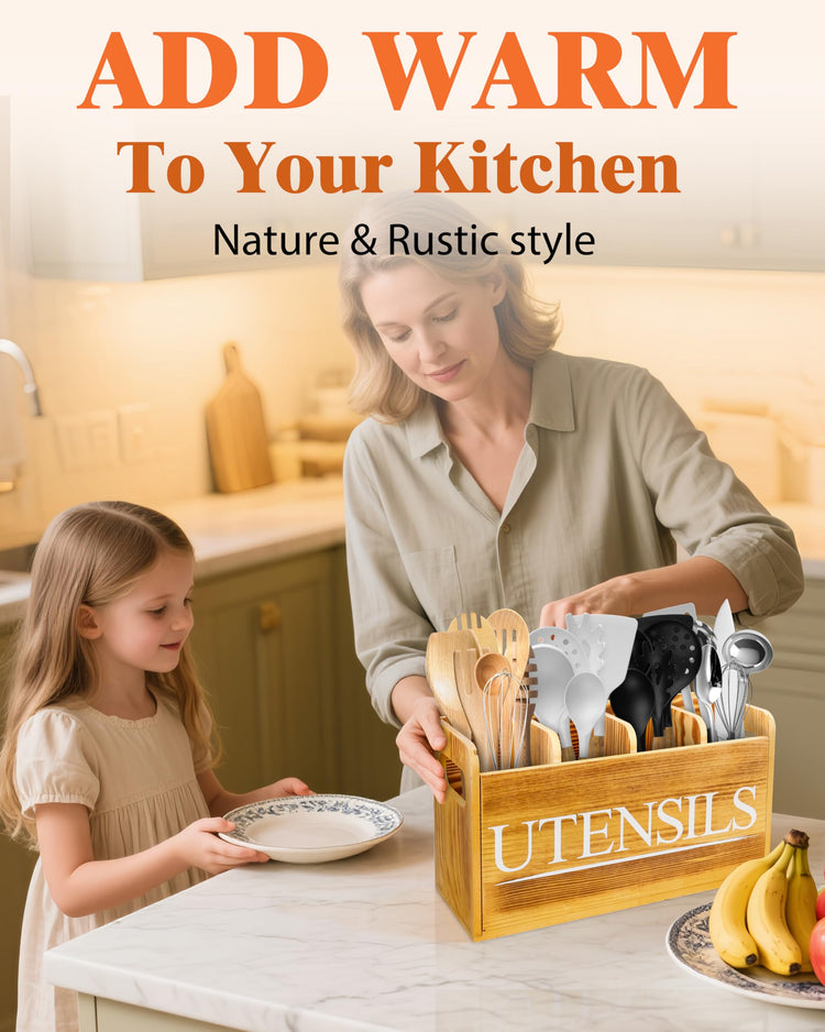 Kitchen Utensil Holder for Kitchen Counter Large Wooden Organizer for Cooking Utensils Utensil Holder Counter Farmhouse Décor