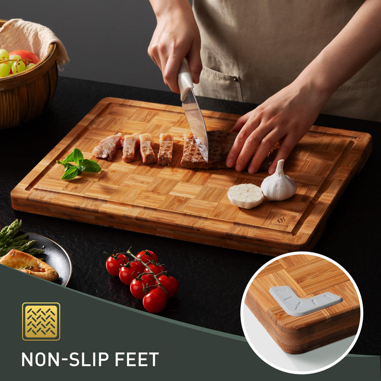 3 Pack Heavy Duty Bamboo Cutting Board Set Non Toxic Wooden Cutting Board for Kitchen Non Slip Solid End Grain Thick Wood Juice Groove Chopping Board Extra Large Butcher Block Best House Warming Gift (3 Count)