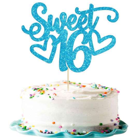 1Pc Sweet Teenager 16 Cake Topper Glitter 16th Birthday Cake Pick for Cheers to 16 Years Old 16th Birthday Party Cake Decorations Supplies Light Blue