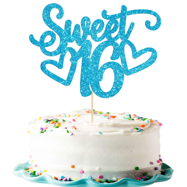 1Pc Sweet Teenager 16 Cake Topper Glitter 16th Birthday Cake Pick for Cheers to 16 Years Old 16th Birthday Party Cake Decorations Supplies Light Blue