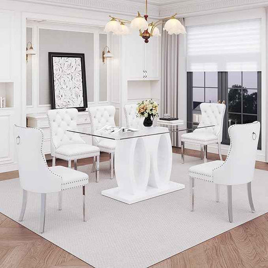 63" Glass Dining Table Set for 6, 7-Piece Rectangular Kitchen Table with Tempered Glass Top, White Double O-Shaped MDF Base, and 6 White Velvet Upholstered Chairs for Dining Room, Living Room, Office