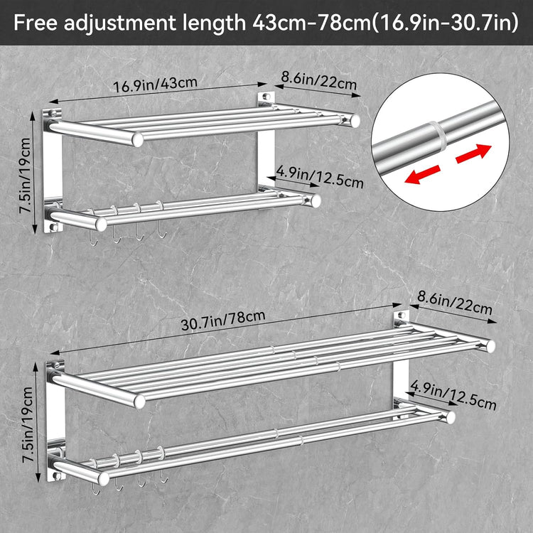 Adjustable Towel Bar for Bathroom Wall Mount17-30.7inch Adhesive Shower Towel Rack Stainless Steel Bath Towel Holders for Toilet Kitchen Double Towel Hanger (Mobile Hook Towel Rack)