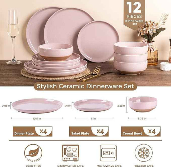 AmorArc Ceramic Dinnerware Sets for 4, 12 Pieces Handpainted Plates and Bowls Set with Rustic Terracotta Underside, Scratch Resistant Stoneware Dishes Set, Dishwasher & Microwave Safe, Cloud Pink