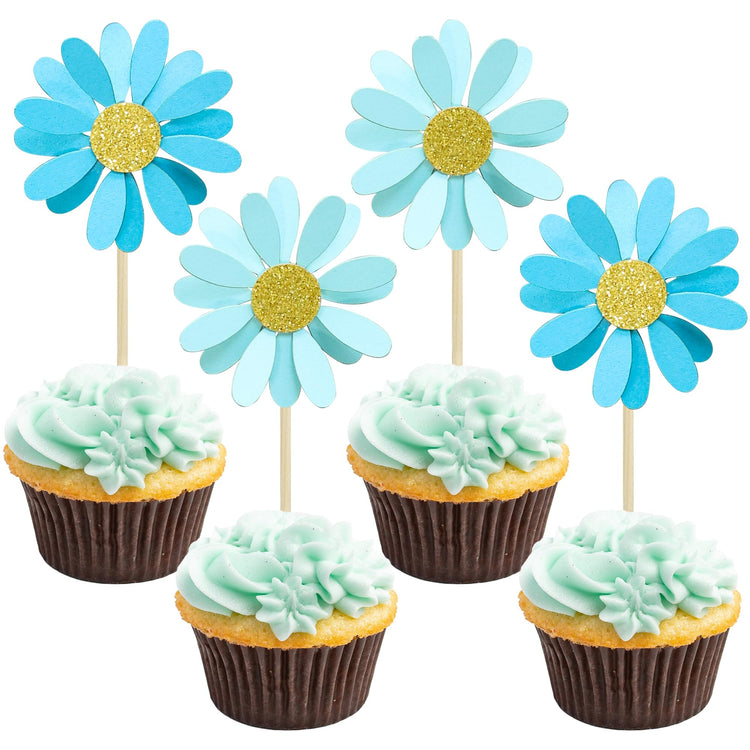 24Pcs Daisy Cupcake Toppers Flower Cake Topper Decorations Daisy Cake Decorations Chrysanthemum Cupcake Toppers Spring Daisy Flower Cake Picks for Birthday Wedding Supplies Blue (24 Count)