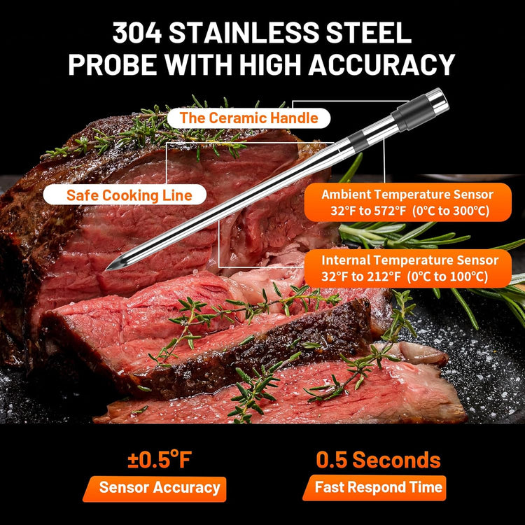 Meat Thermometer Digital - Instant Read Grill Food Thermometer Wireless, 0.19In Ultra-Thin Dual Sensor Probe, 5.2 Bluetooth 800ft App Alerts, IP67 Waterproof for BBQ, Oven, Kitchen