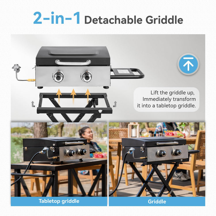 2 Burner BBQ Propane Gas Griddle with Collapsible Stand for Outdoor Cooking