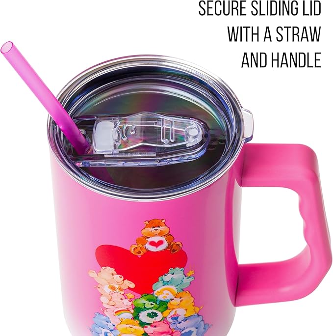 Silver Buffalo Care Bears Watercolor Heart Ombre Double Walled Stainless Steel Tumbler with Handle and Straw, Fits in Standard Cup Holder, 40 Ounces