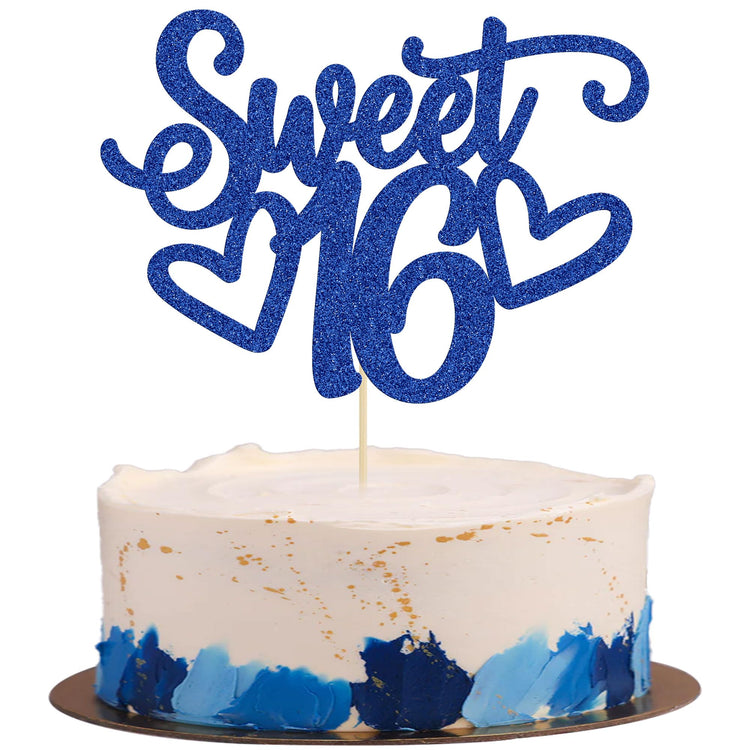 1Pc Sweet Teenager 16 Cake Topper Glitter 16th Birthday Cake Pick for Cheers to 16 Years Old 16th Birthday Party Cake Decorations Supplies Blue