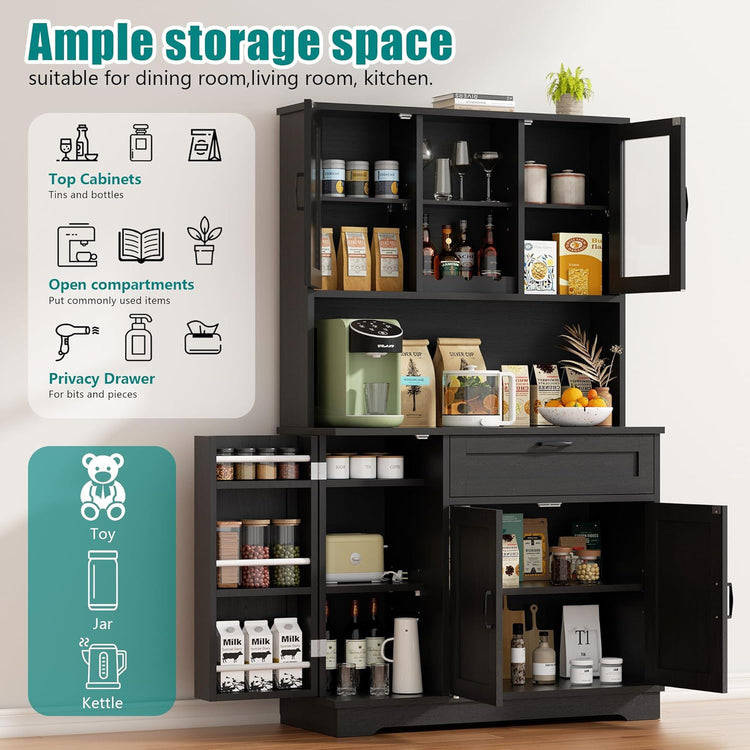 Vongrasig Tall Pantry Cabinet, Kitchen Pantry Storage Cabinet with Microwave Stand,Farmhouse Kitchen Hutch with Adjustable Shelves for Living Room, Dining Room, Black