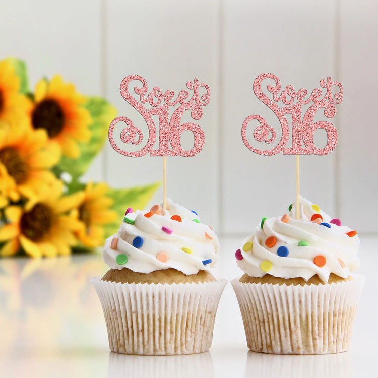 24 Pack 16th Birthday Cupcake Toppers Glitter Sixteen Happy Sweet 16 Cupcake Picks Cheers to 16 Years Old Cupcake Decorations for 16th Birthday Anniversary Party Cake Supplies Rose Gold (24 Count)