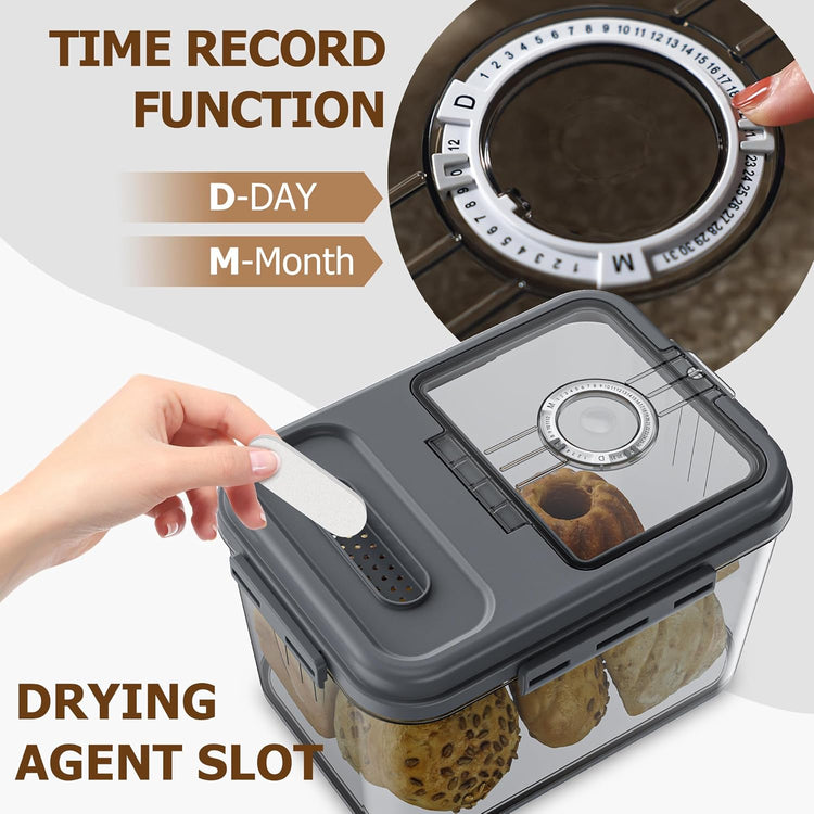 Bread Box, 10L Gray Airtight Braed Storage Container, Bread Box For Kitchen Countertop, Time Recording Bread Keeper with Lid, Flip-Top Bread Holder.