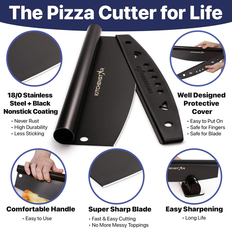 KitchenStar 14-Inch Pizza Cutter Rocker Blade - Sharp Stainless Steel Slicer Knife, Protective Cover, Black Nonstick, Large - Professional Pizza Oven Accessories