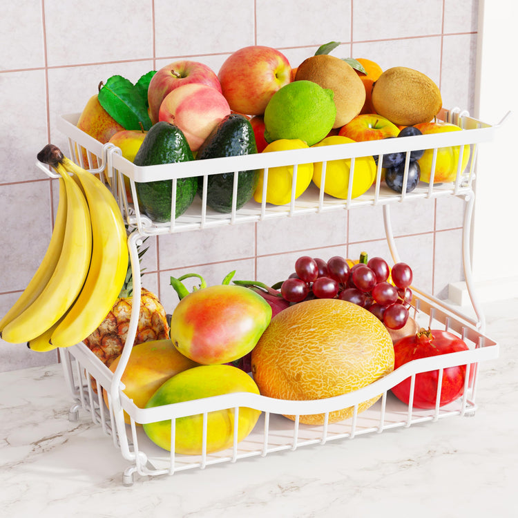 Large 2 Tier Fruit Basket for Kitchen Counter with 2 Banana Hangers (2 Count)