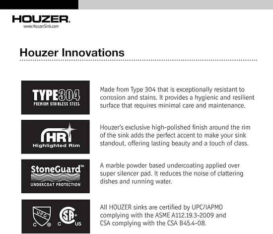 Houzer Premier Stainless Steel Kitchen Sink: 41 Inch Drop-In Topmount 4-Hole Single Bowl Sink with Strainer & Grid, Durable & Versatile, Essential for Home & Apartment: PGT-4322-C