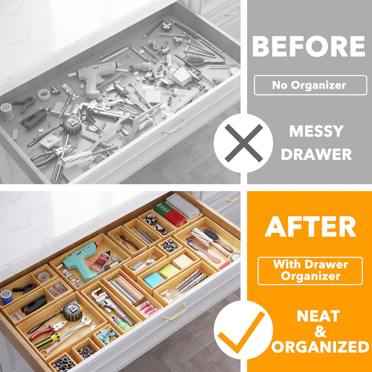 21 Piece Bamboo Drawer Organizer Storage Boxes Set