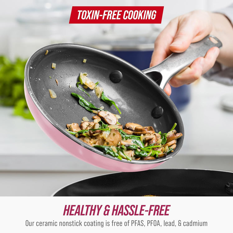 Blue Diamond 12" Nonstick Frying Pan with Lid, Diamond Infused PFAS & PTFE-Free Ceramic Skillet, Dishwasher & Oven Safe, Stay Cool Handle, Durable Non Toxic Metal Utensil Safe, Glass Lid, Pink