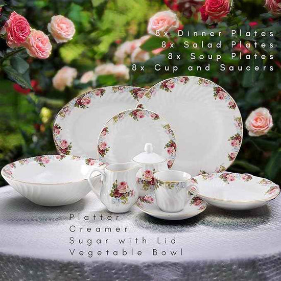 Lynns Paradise Philomena Floral 45-Piece Dinnerware Set | 24K Gold Trim | Embossed Swirl | Plates & Bowls Sets | Apartment Essentials | Home Kitchen Accessories | Floral Design