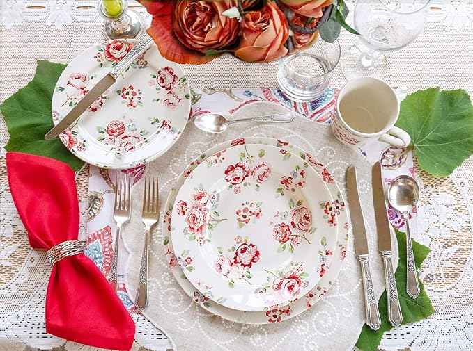 Tudor 16-Piece Premium Quality Round Porcelain Dinnerware Set, Service for 4 - FRAGRANCE ROSE, See 10 Designs INSIDE!