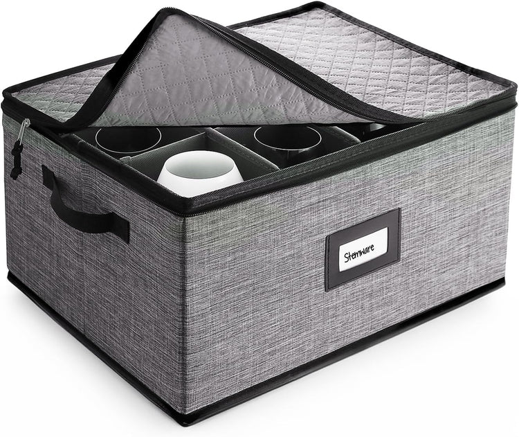 Hearth & Harbor Wine Glass Storage Box with Dividers, Quilted and Stackable Stemware Storage Cases, Service of 12 Glass China Container Hard Shell for Moving and Organization, Grey