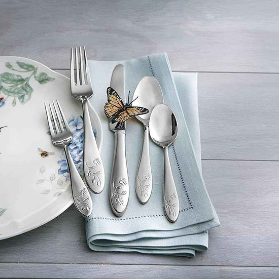 Lenox Silverware Set For 12, Butterfly Meadow 65-Piece Flatware Set, Service For 12, 18/10 Stainless Steel, Dishwasher Safe, Butterfly and Flower Motif, Includes Serving Utensils (Silver, 65 Piece)