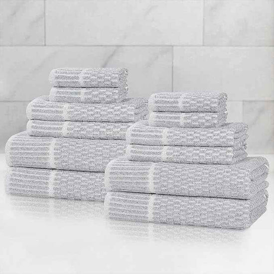 Superior Juno Viscose Cotton Blend Medium Weight Towels, for Bathroom, Shower, Spa, Plush, Quick Dry, Ultra-Soft Towels, Bath Essentials, Border Detail, 12 Piece Assorted Towel Set, Denim Blue