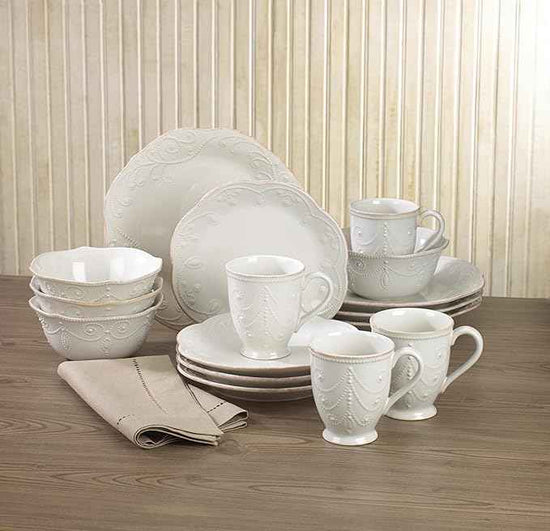 Lenox Dinnerware Set, French Perle White 16-Piece Set, Service For 4, Stoneware Material, Dishwasher Safe, Microwave Safe, Plates, Bowls, Mugs, Plates and Bowls, Dishes (White, 16 Piece)