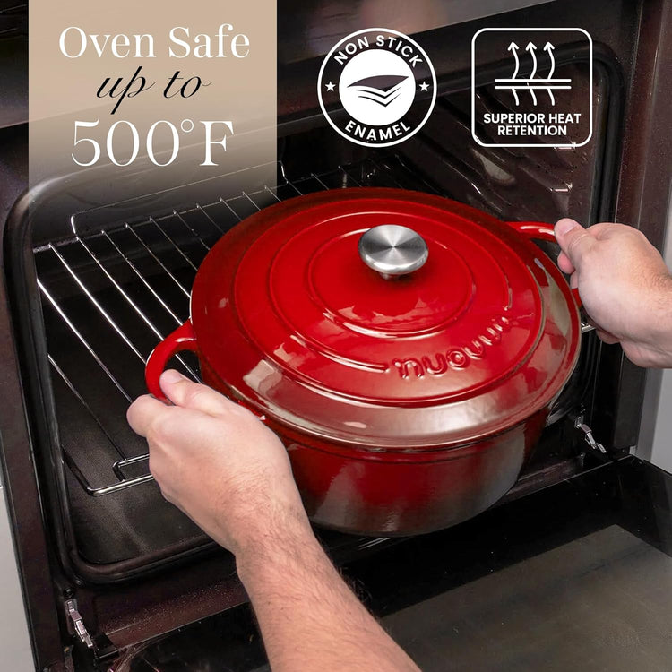 Nuovva Enamelled Cast Iron Dutch Oven Pot with Lid – 6.4 Quart Non Stick Casserole Pot – Heavy Duty & Oven Safe up to 500° F for Bread Baking, Braising, Stews, Roasting – 28cm Red - Nestoria